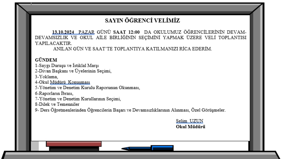 13 EKİM PAZAR SAAT 12.00 DA OKUL AİLE BİRLİĞİ TOPLANTISI 